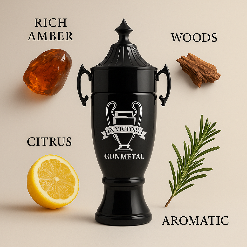 In-Victory Gunmetal Eau de Parfum – Rich Amber, Woods & Citrus | Modern Masculine Fragrance (3.4 Fl Oz)